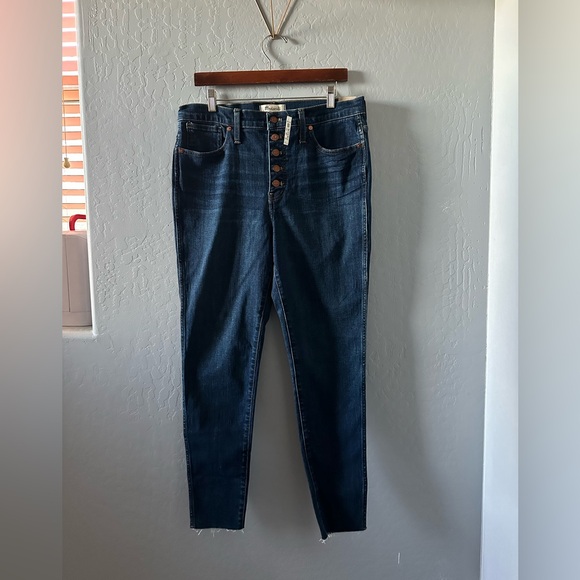 Madewell 10" High-Rise Skinny Jeans Button Fly Raw Hem Dark size 32 women’s NWT - Picture 2 of 7